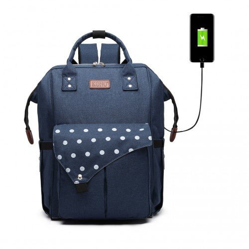 E1945 - KONO POLKA DOT MATERNITY BACKPACK BAG WITH USB CONNECTIVITY - NAVY - Easy Luggage