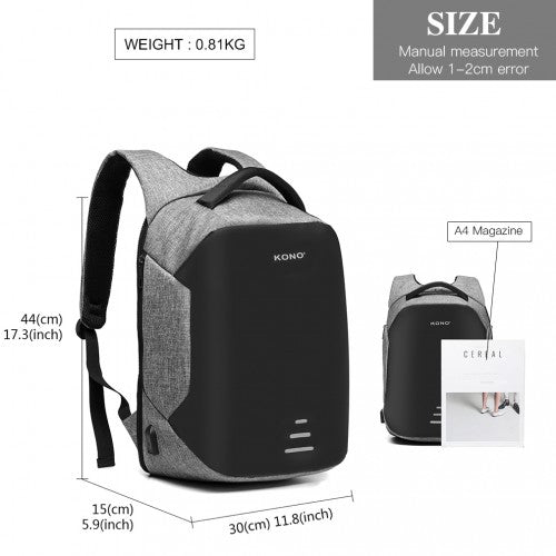 E1946 - KONO REFLECTIVE USB CHARGING INTERFACE BACKPACK - GREY - Easy Luggage