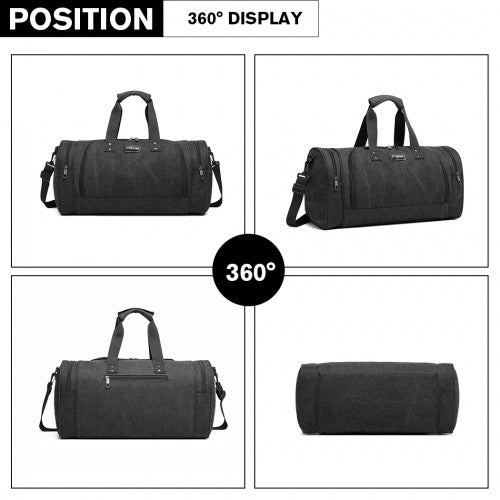 E1957 - Kono Canvas Barrel Duffle Travel Bag - Black - Easy Luggage