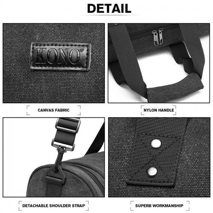 E1957 - Kono Canvas Barrel Duffle Travel Bag - Black - Easy Luggage