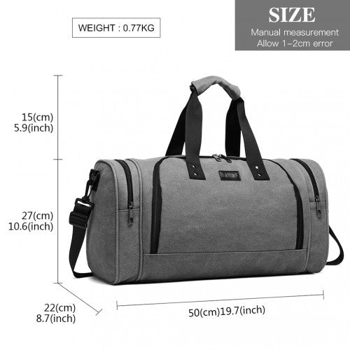 E1957 - Kono Canvas Barrel Duffle Travel Bag - Grey - Easy Luggage