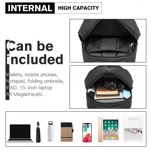 E1972 - Kono Large Backpack with Reflective Stripe and USB Charging Interface - Black - Easy Luggage