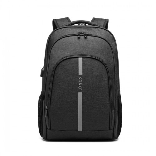 E1972 - Kono Large Backpack with Reflective Stripe and USB Charging Interface - Black - Easy Luggage