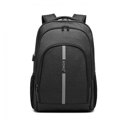 E1972 - Kono Large Backpack with Reflective Stripe and USB Charging Interface - Black - Easy Luggage