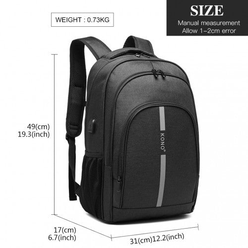 E1972 - Kono Large Backpack with Reflective Stripe and USB Charging Interface - Black - Easy Luggage