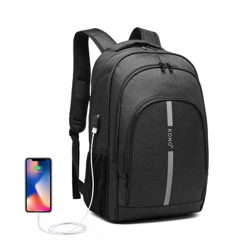 E1972 - Kono Large Backpack with Reflective Stripe and USB Charging Interface - Black - Easy Luggage