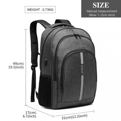 E1972 - Kono Large Backpack with Reflective Stripe and USB Charging Interface - Grey - Easy Luggage