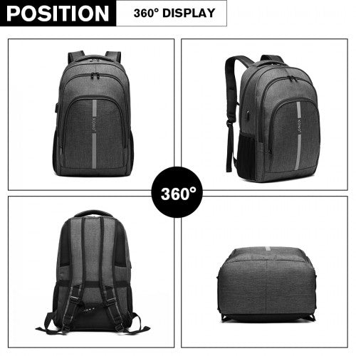 E1972 - Kono Large Backpack with Reflective Stripe and USB Charging Interface - Grey - Easy Luggage