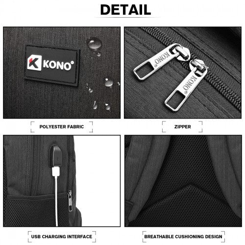 E1978 - Kono Multi Compartment Backpack with USB Connectivity - Black - Easy Luggage