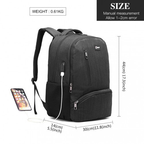 E1978 - Kono Multi Compartment Backpack with USB Connectivity - Black - Easy Luggage