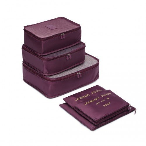 E2015 - Kono 6 Piece Polyester Travel Luggage Organiser Bag Set - Burgundy - Easy Luggage