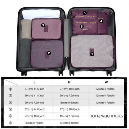 E2015 - Kono 6 Piece Polyester Travel Luggage Organiser Bag Set - Burgundy - Easy Luggage