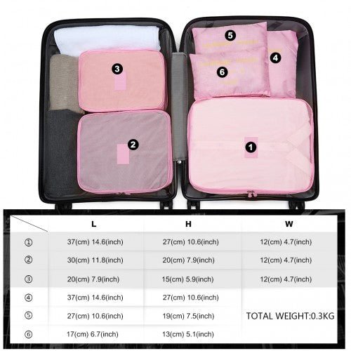 E2015 - Kono 6 Piece Polyester Travel Luggage Organiser Bag Set - Pink - Easy Luggage