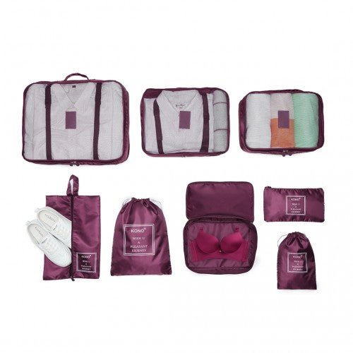E2019 - Kono 8 Piece Polyester Travel Luggage Organiser Bag Set - Burgundy - Easy Luggage