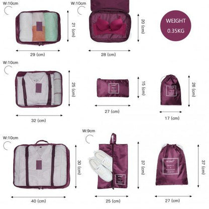 E2019 - Kono 8 Piece Polyester Travel Luggage Organiser Bag Set - Burgundy - Easy Luggage