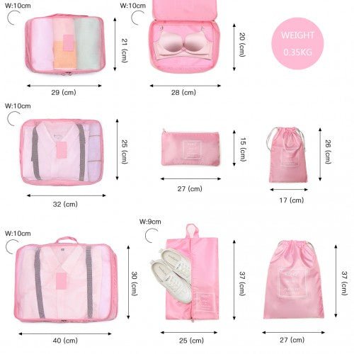 E2019 - Kono 8 Piece Polyester Travel Luggage Organiser Bag Set - Pink - Easy Luggage