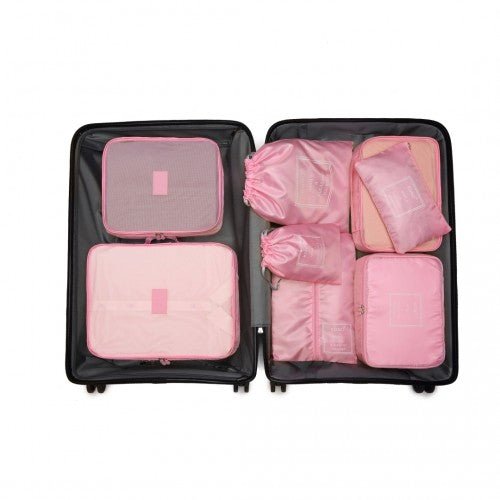 E2019 - Kono 8 Piece Polyester Travel Luggage Organiser Bag Set - Pink - Easy Luggage