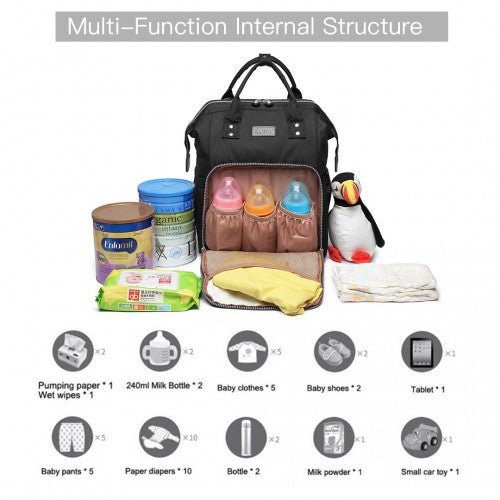 E6705 - Kono Wide Open Designed Baby Diaper Changing Backpack - Black - Easy Luggage