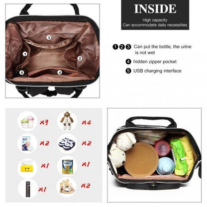 E6705USB - Kono Plain Wide Opening Baby Nappy Changing Backpack With USB Connectivity - Black - Easy Luggage