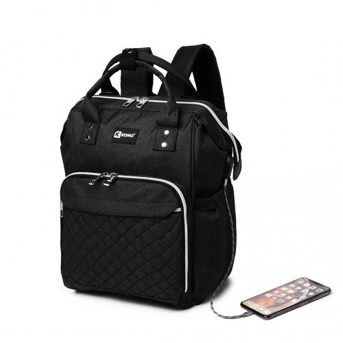 E6705USB - Kono Plain Wide Opening Baby Nappy Changing Backpack With USB Connectivity - Black - Easy Luggage