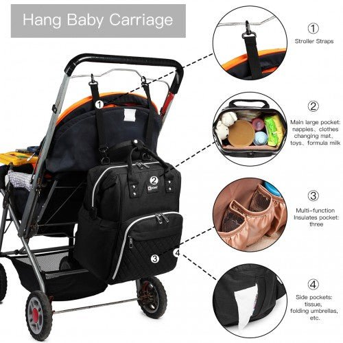 E6705USB - Kono Plain Wide Opening Baby Nappy Changing Backpack With USB Connectivity - Black - Easy Luggage