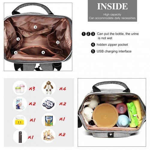 E6705USB - Kono Plain Wide Opening Baby Nappy Changing Backpack With USB Connectivity - Grey - Easy Luggage