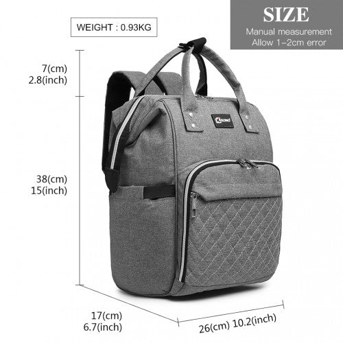 E6705USB - Kono Plain Wide Opening Baby Nappy Changing Backpack With USB Connectivity - Grey - Easy Luggage