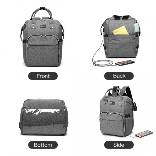 E6705USB - Kono Plain Wide Opening Baby Nappy Changing Backpack With USB Connectivity - Grey - Easy Luggage