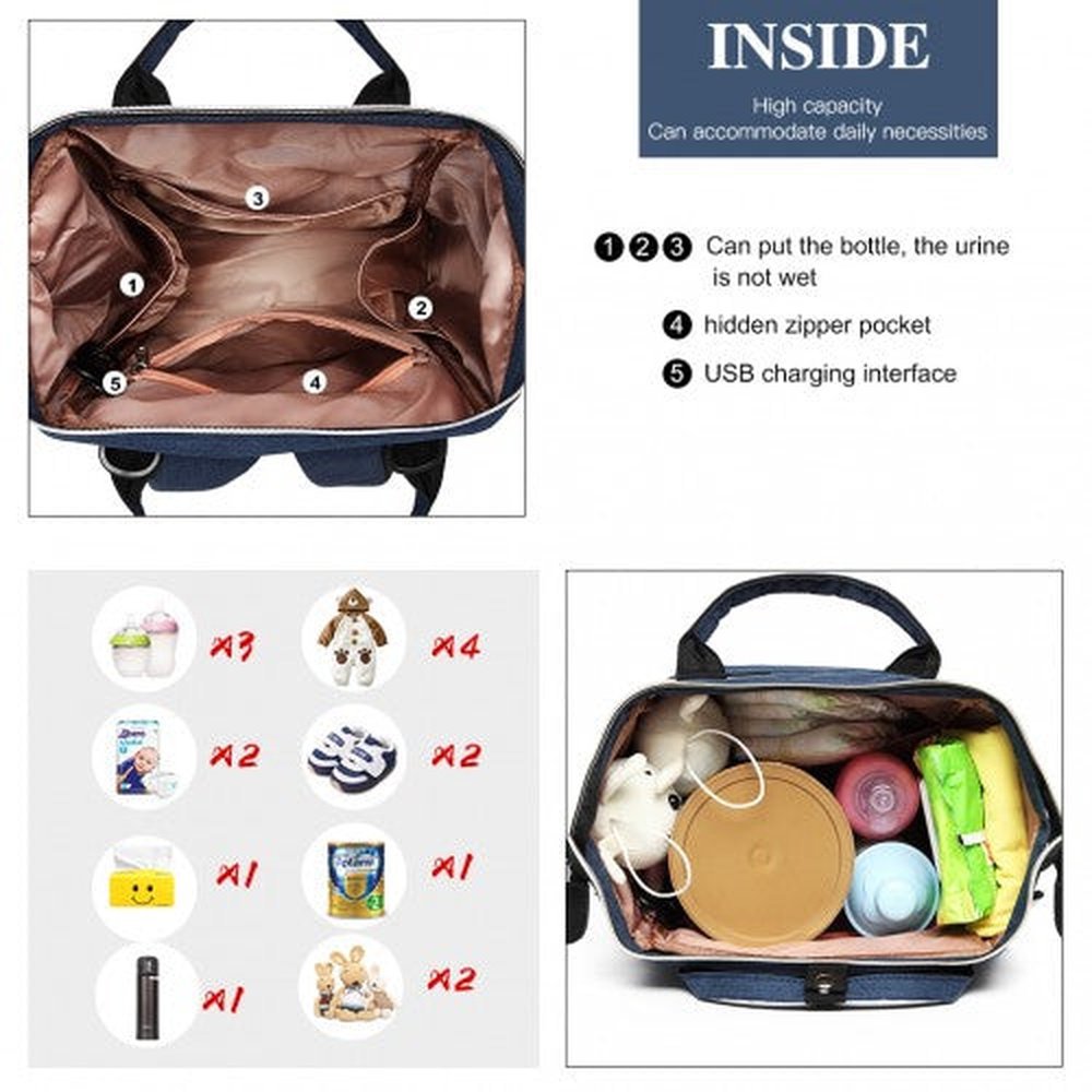 E6705USB - Kono Plain Wide Opening Baby Nappy Changing Backpack With USB Connectivity - Navy - Easy Luggage