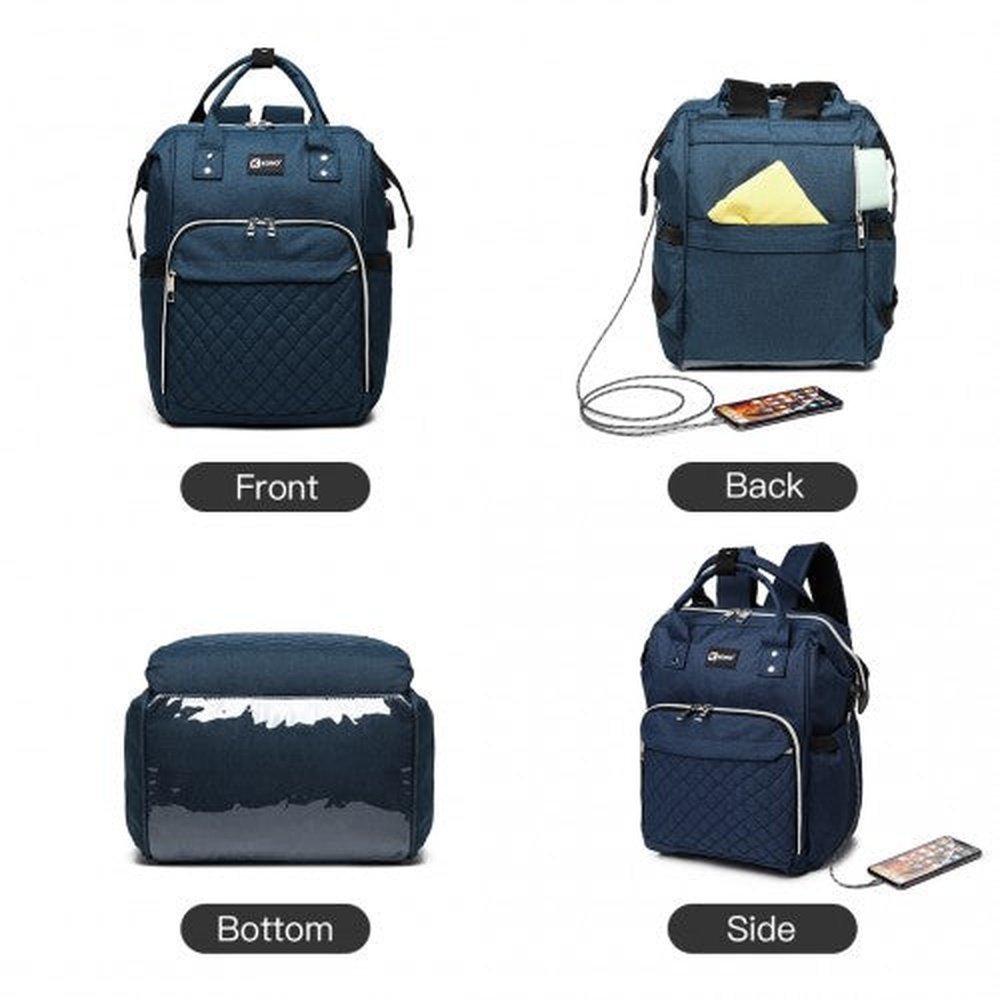 E6705USB - Kono Plain Wide Opening Baby Nappy Changing Backpack With USB Connectivity - Navy - Easy Luggage
