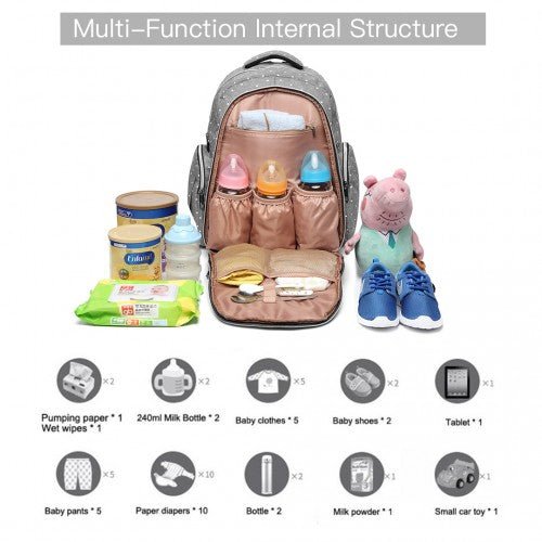 E6706D2 - Kono Large Capacity Multi Function Baby Diaper Backpack Polka Dot - Grey - Easy Luggage