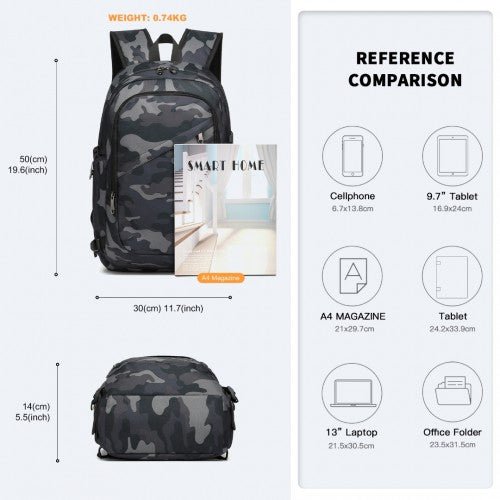 E6715 - Kono Business Laptop Backpack with USB Charging Port - Camo - Easy Luggage