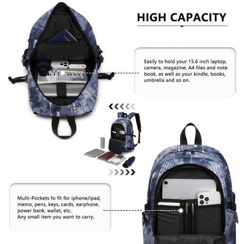 E6715 - Kono Business Laptop Backpack with USB Charging Port - Cloudy Blue - Easy Luggage