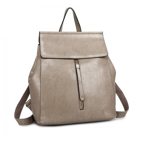 E6833 - MISS LULU Vintage Oil - Wax Faux Leather Backpack - Grey - Easy Luggage