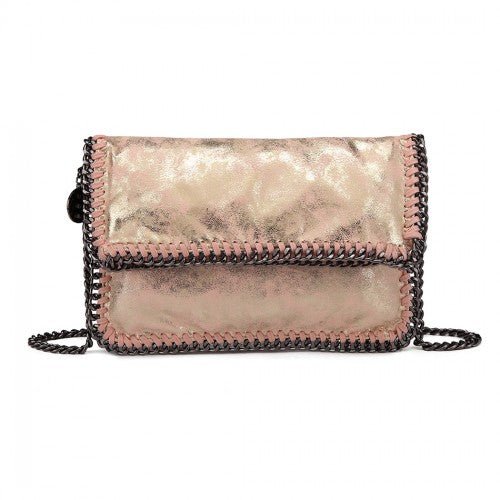 E6843 - Miss Lulu Leather Look Folded Metal Chain Clutch Shoulder Bag - Pink - Easy Luggage