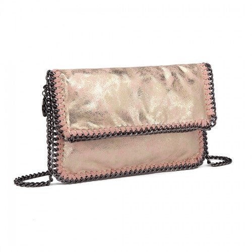 E6843 - Miss Lulu Leather Look Folded Metal Chain Clutch Shoulder Bag - Pink - Easy Luggage