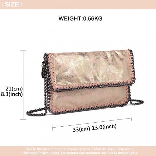 E6843 - Miss Lulu Leather Look Folded Metal Chain Clutch Shoulder Bag - Pink - Easy Luggage