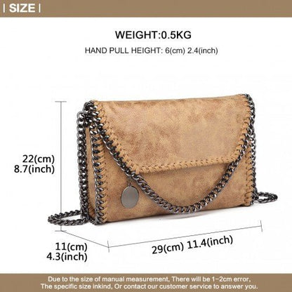 E6844 - Miss Lulu Leather Look Chain Fold - over Shoulder Bag - Apricot - Easy Luggage