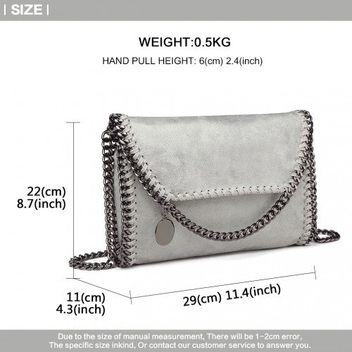 E6844 - Miss Lulu Leather Look Chain Fold - over Shoulder Bag - Grey - Easy Luggage