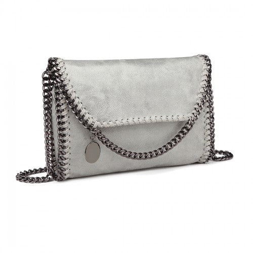 E6844 - Miss Lulu Leather Look Chain Fold - over Shoulder Bag - Grey - Easy Luggage