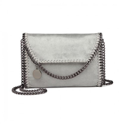 E6844 - Miss Lulu Leather Look Chain Fold - over Shoulder Bag - Grey - Easy Luggage