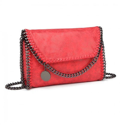 E6844 - Miss Lulu Leather Look Chain Fold - over Shoulder Bag - Red - Easy Luggage