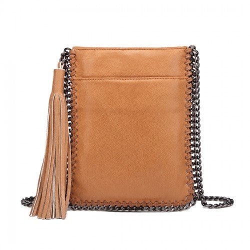 E6845 - Miss Lulu Leather Look Chain Shoulder Bag with Tassel Pendant - Brown - Easy Luggage