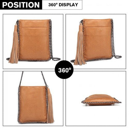 E6845 - Miss Lulu Leather Look Chain Shoulder Bag with Tassel Pendant - Brown - Easy Luggage