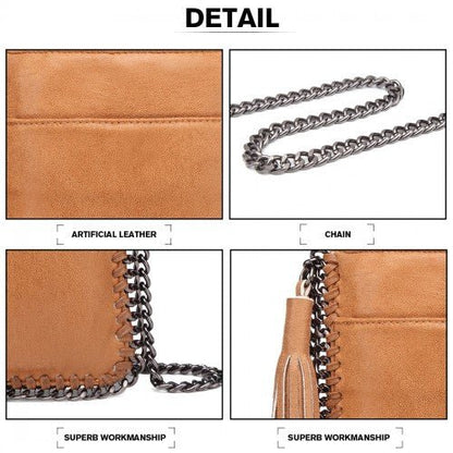 E6845 - Miss Lulu Leather Look Chain Shoulder Bag with Tassel Pendant - Brown - Easy Luggage