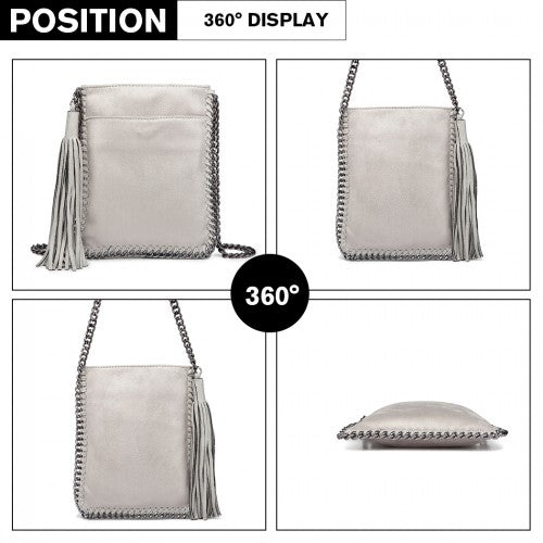 E6845 - Miss Lulu Leather Look Chain Shoulder Bag with Tassel Pendant - Grey - Easy Luggage