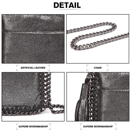 E6845 - Miss Lulu Leather Look Chain Shoulder Bag with Tassel Pendant - Silver - Easy Luggage