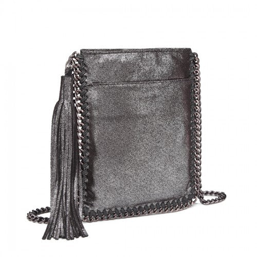 E6845 - Miss Lulu Leather Look Chain Shoulder Bag with Tassel Pendant - Silver - Easy Luggage