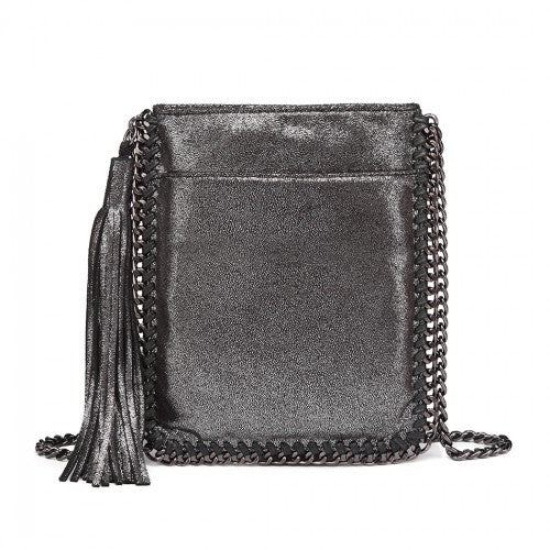 E6845 - Miss Lulu Leather Look Chain Shoulder Bag with Tassel Pendant - Silver - Easy Luggage