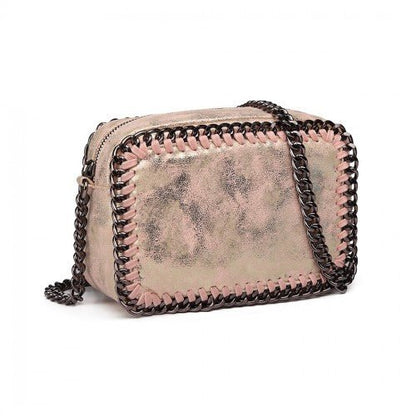 E6846 - Miss Lulu Metallic Effect Leather Look Chain Shoulder Bag - Pink - Easy Luggage